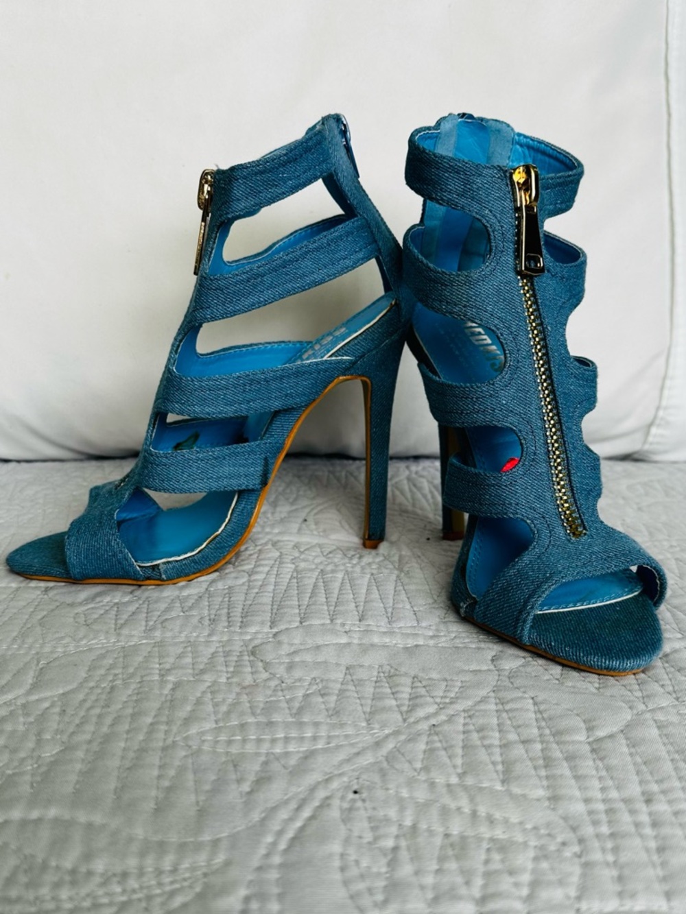 Blue Denim Strappy High Heel Sandals with Front Zipper
